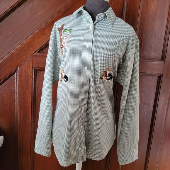 Las Olas Green Checkered Long Sleeve Cat Embroidered Shirt XL - Picture 2 of 10
